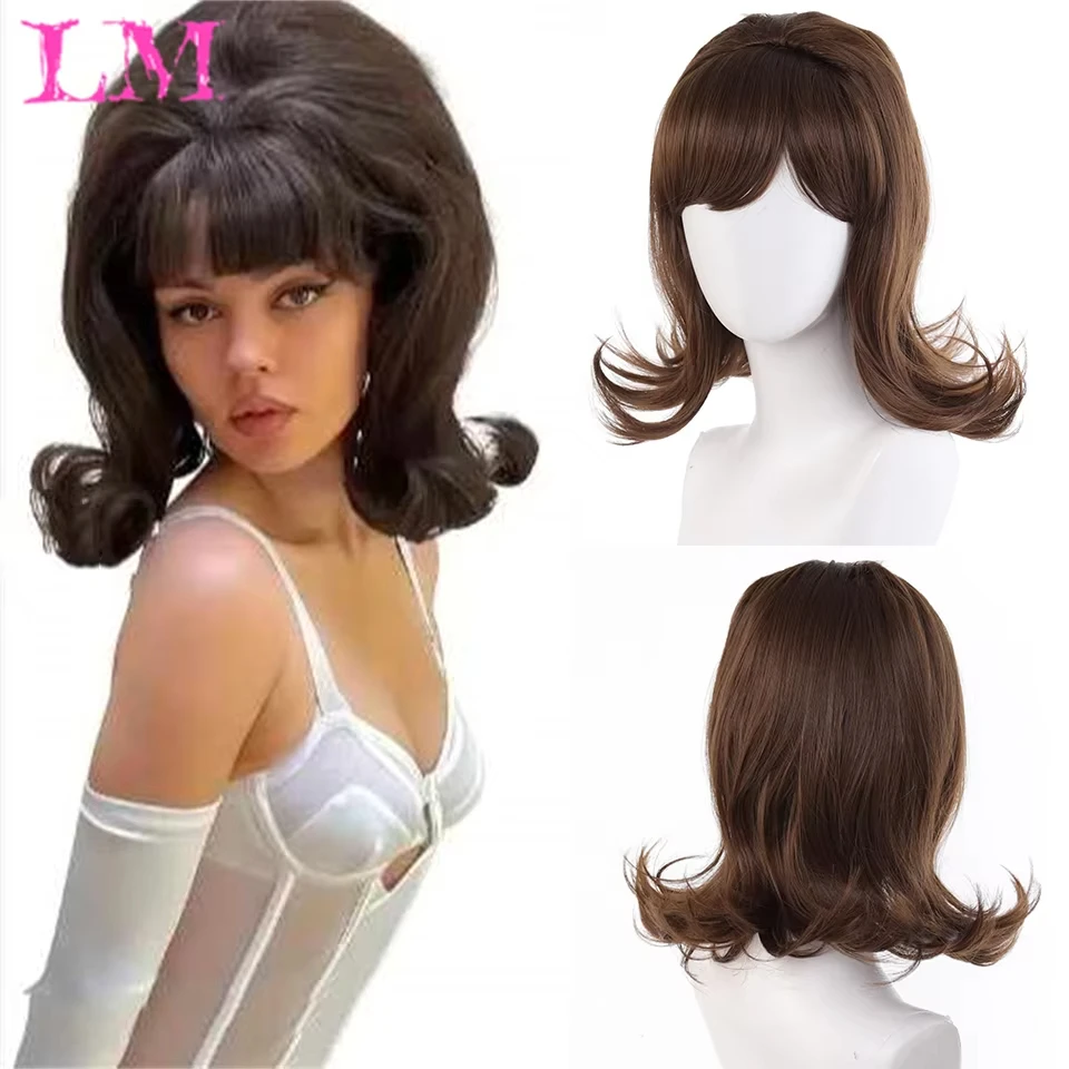 Pelucas de pelo sintético LM, peluca negra estilo pin-up, pelucas vintage con flequillo, peluca rizada para disfraz de Halloween para mujer