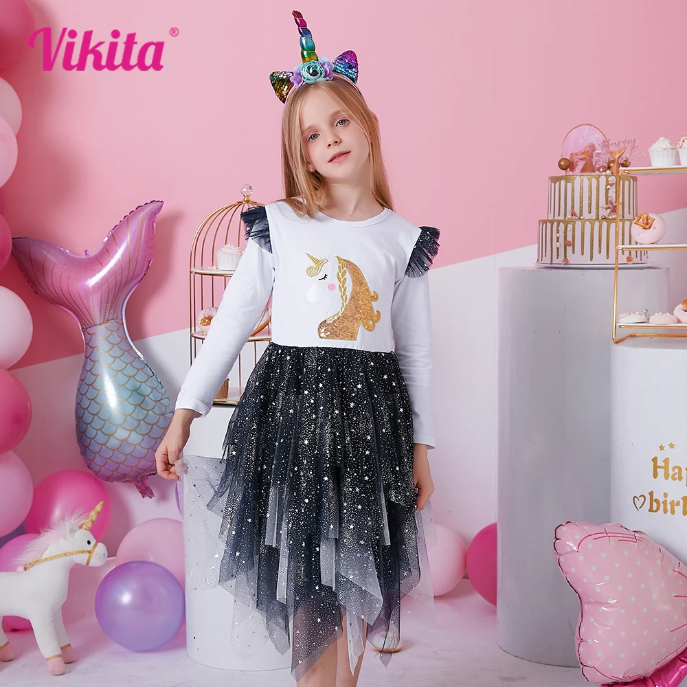 VIKITA Kids Unicorn Cartoon Dress Girls Flare Sleeve Autumn Spring Flare Sleeve Dresses Girls Layered Irregular Mesh Tulle Dress