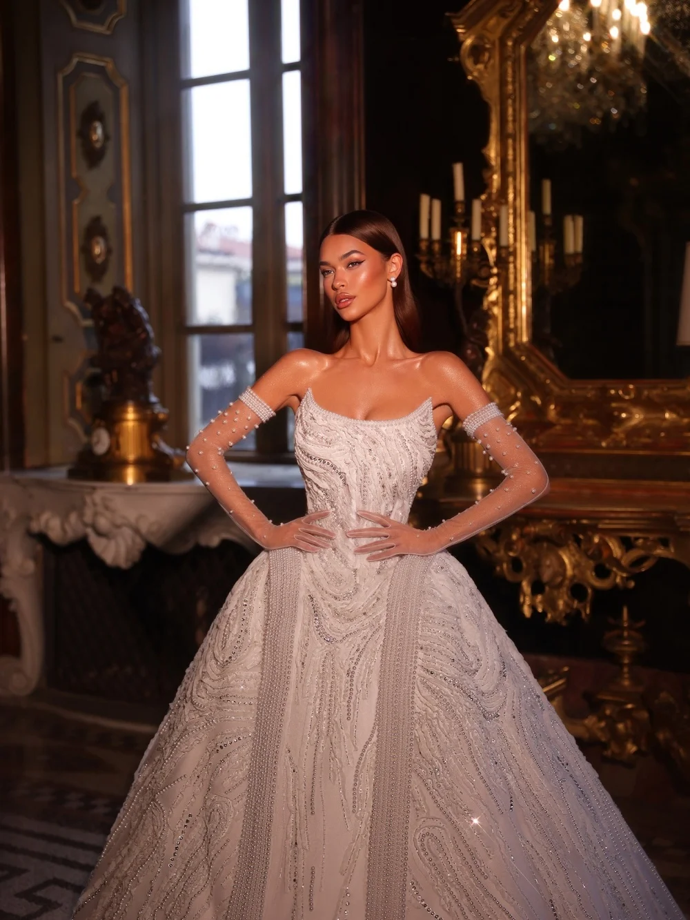 Elegant Crystal Beaded Wedding Dress Glamorous Strapless Bridal Dress Dazzling Sheer NO Gloves Bridal Gown Vestidos De Novia