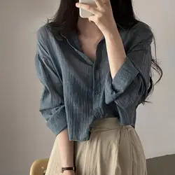 Women Shirt Turn Down Collar Cardigan Shirt Women Solid Color Sun Shirt