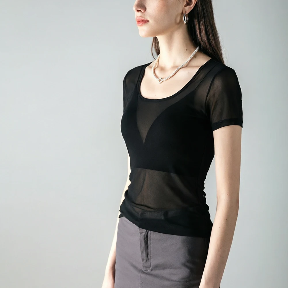 

Sexy See through Mesh T Shirt Women Black Elastic Slim Short Sleeve Tee Female Fashion Long Sleeve Shirts Top Girl Streetwear