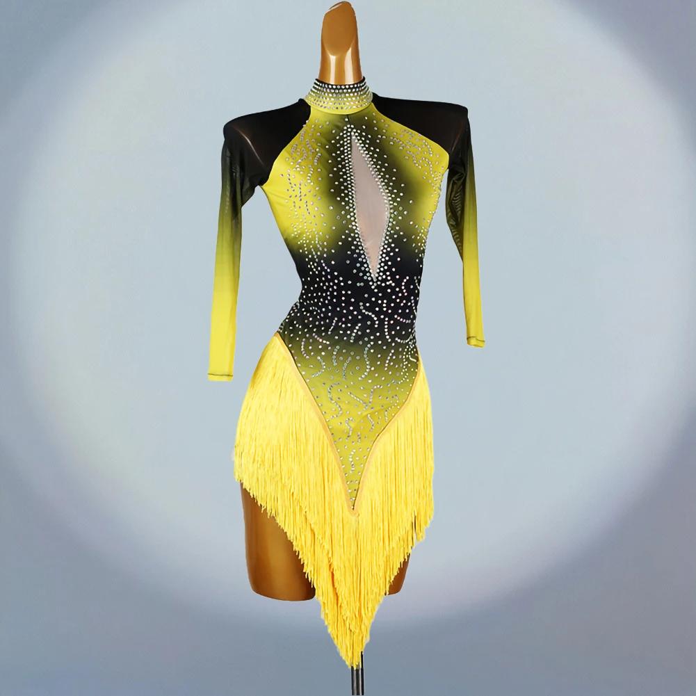 فستان مسابقة الرقص اللاتيني الجديد بأكمام طويلة، ملابس شرابة سامبا بياقة عالية، فستان رقص نسائي أصفر