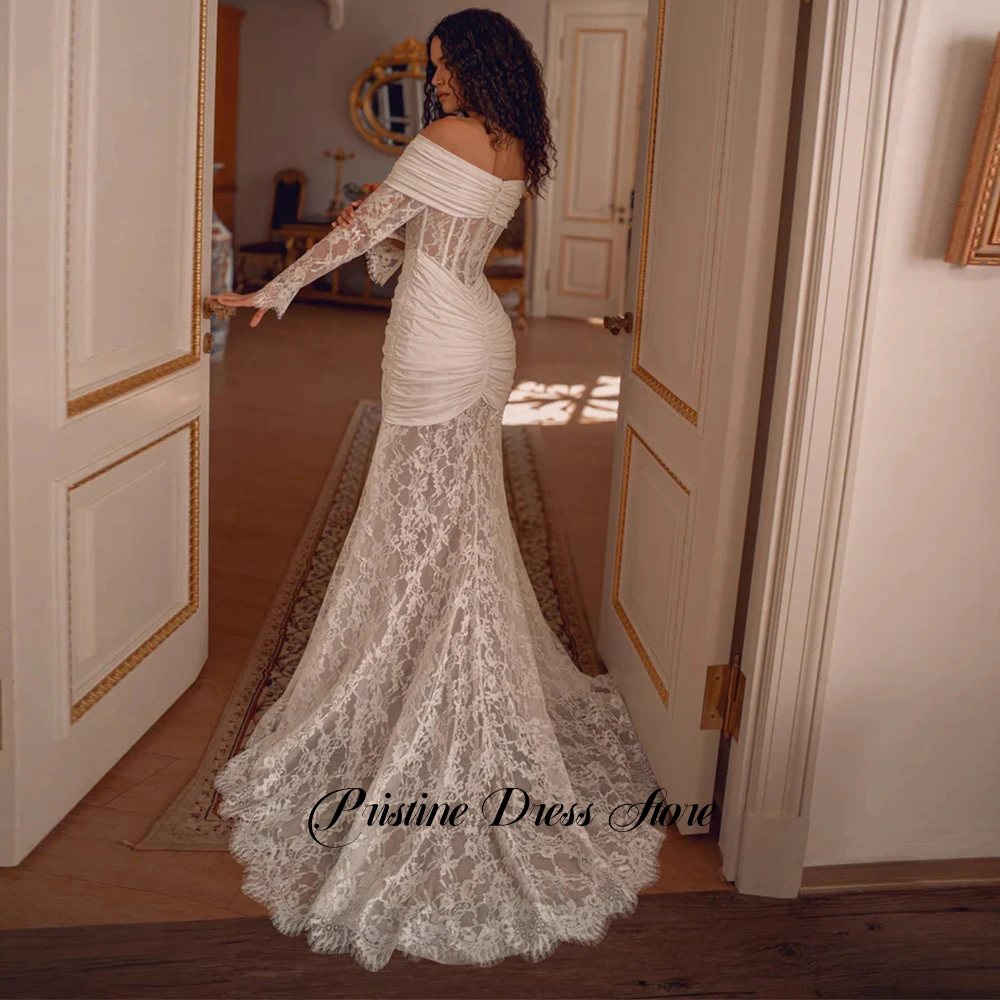 Элегантное кружевное свадебное платье русалки, женское свадебное платье с открытыми плечами и шлейфом, индивидуальное плиссированное сексуальное свадебное платье без бретелек