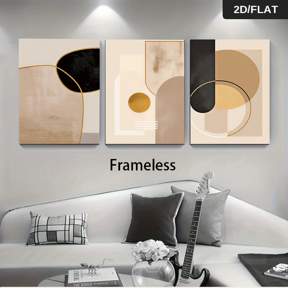 1 set of modern minimalist abstract geometric triptych frameless paintings, light luxury gold leaf art paintings, 2D flat.