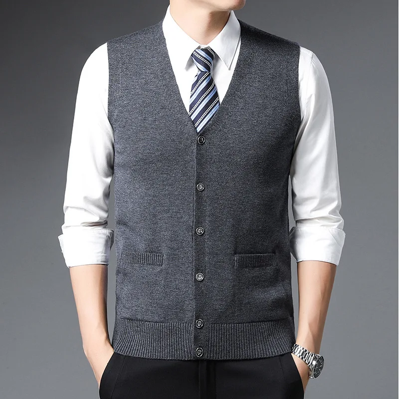 Men's Autumn and Winter Cardigan Vest Youth Leisure Solid Color Pocket Leisure Sleeveless Warm Knit Top Sweater Vest