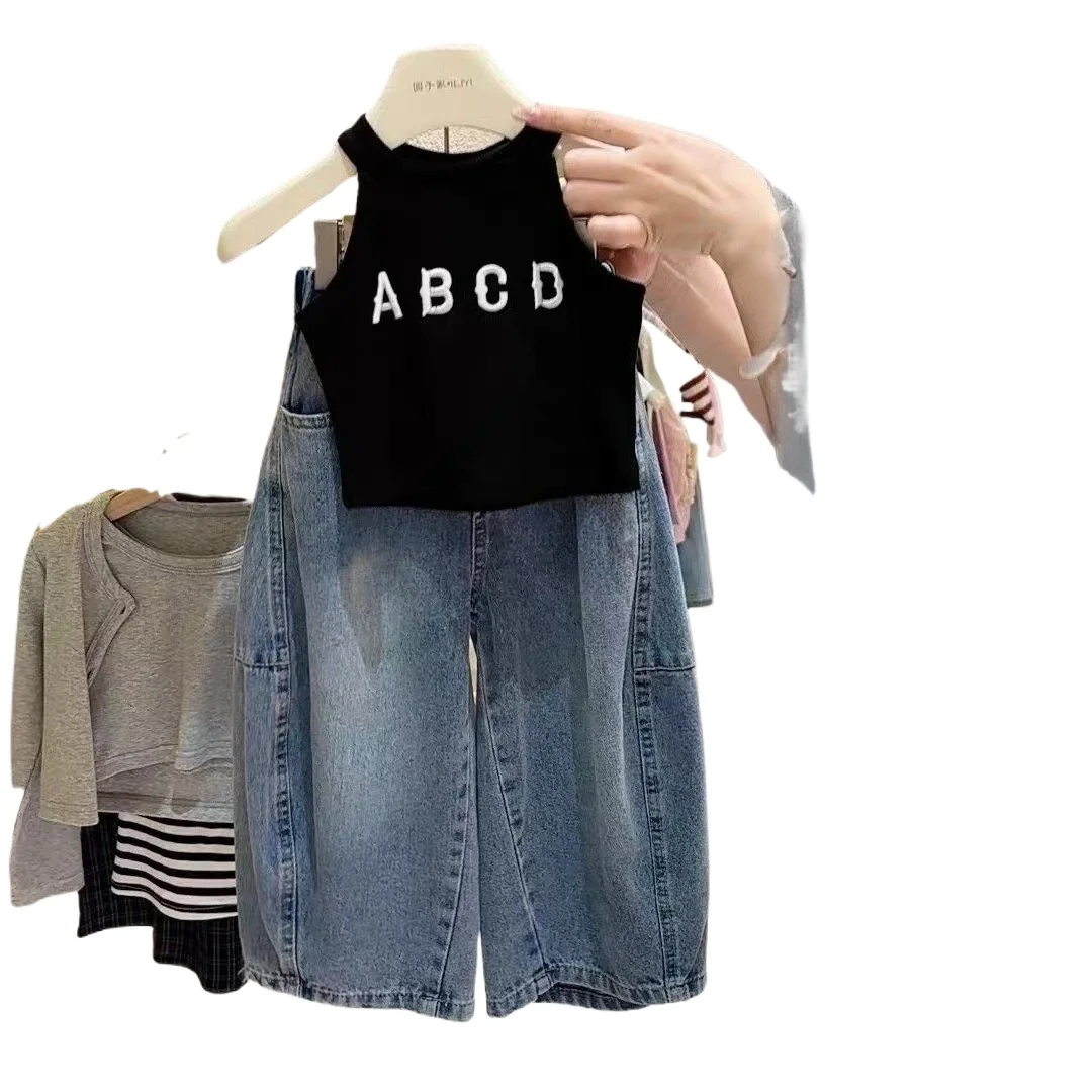 2026 New Girls Summer 2Pcs Outfit, Stylish Sleeveless Tank Top & Denim Wide Leg Pants Set  for 100-140cm