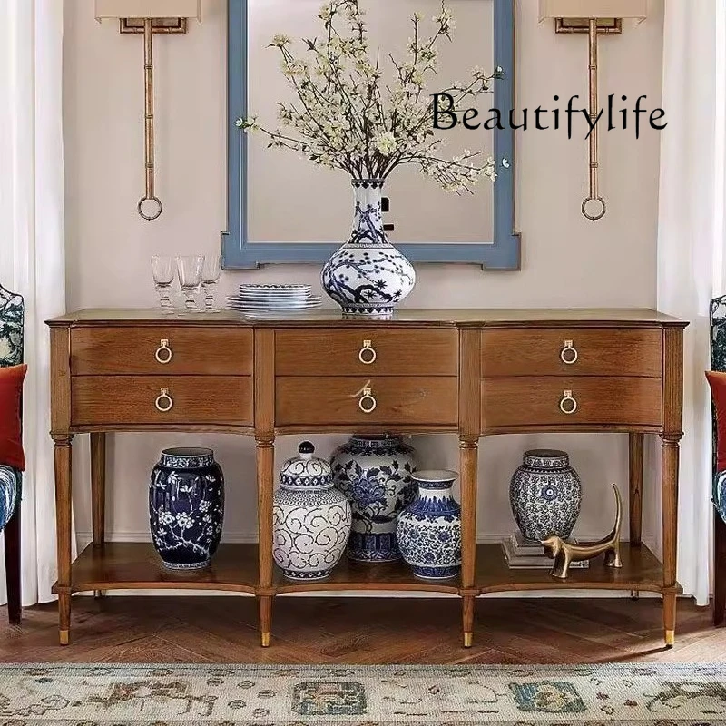 

American retro solid wood porch cabinet, living room is decorated against the wall, Nordic light luxury dining side cabinet