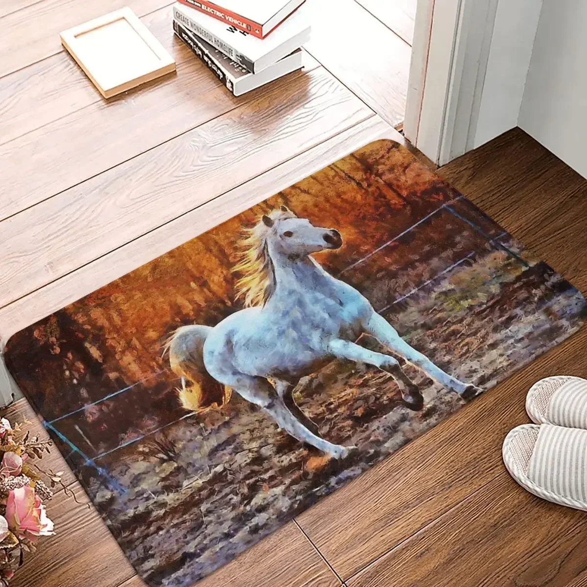 Galloping Horse Running Anti-Slip Rug Doormat Living Room Mat White The Sun Setting Behind The Trees Digital Floor Carpet