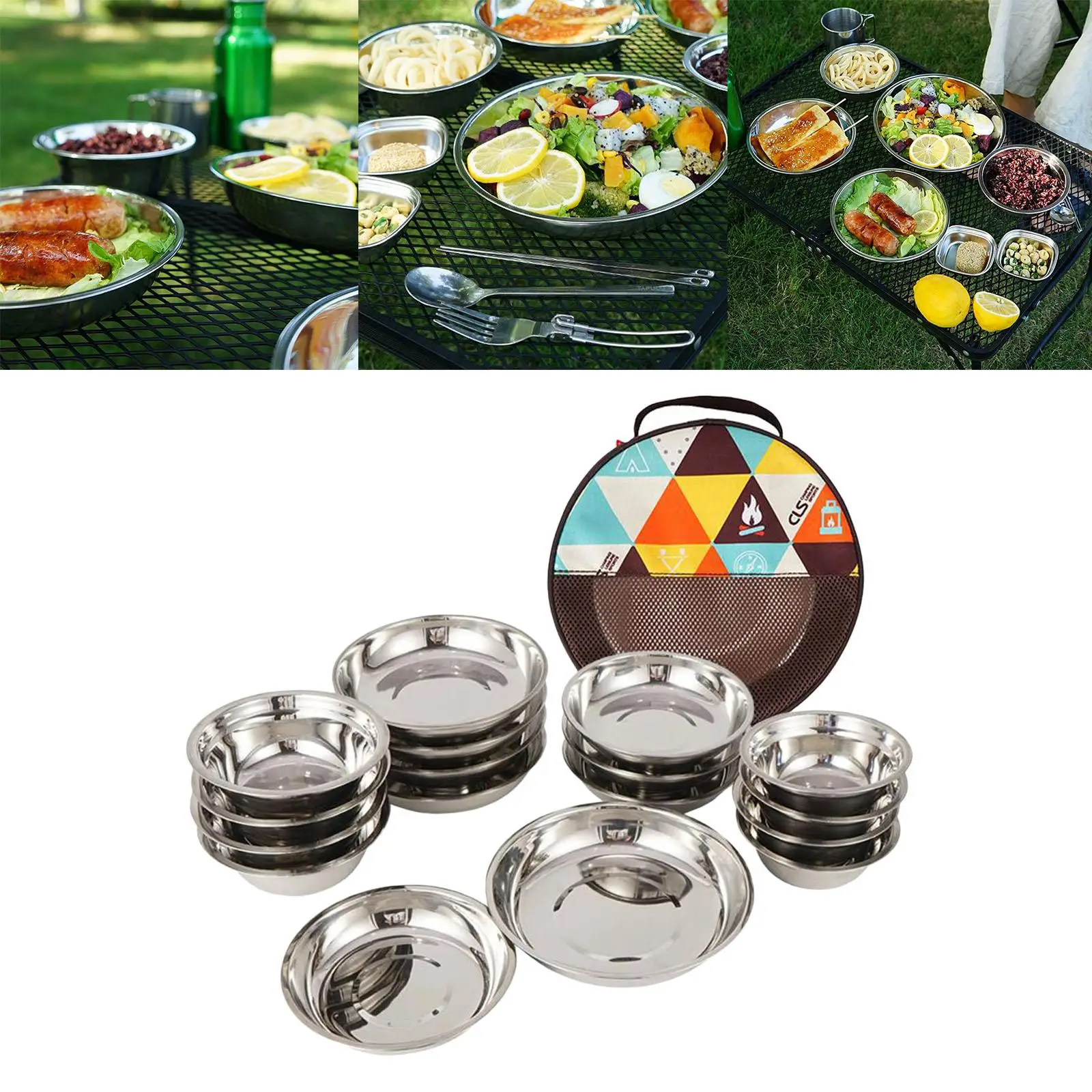 17pcs Stainless Steel Camping Cookware Bowl Soup Plate Outdoor Hiking Picnic Set