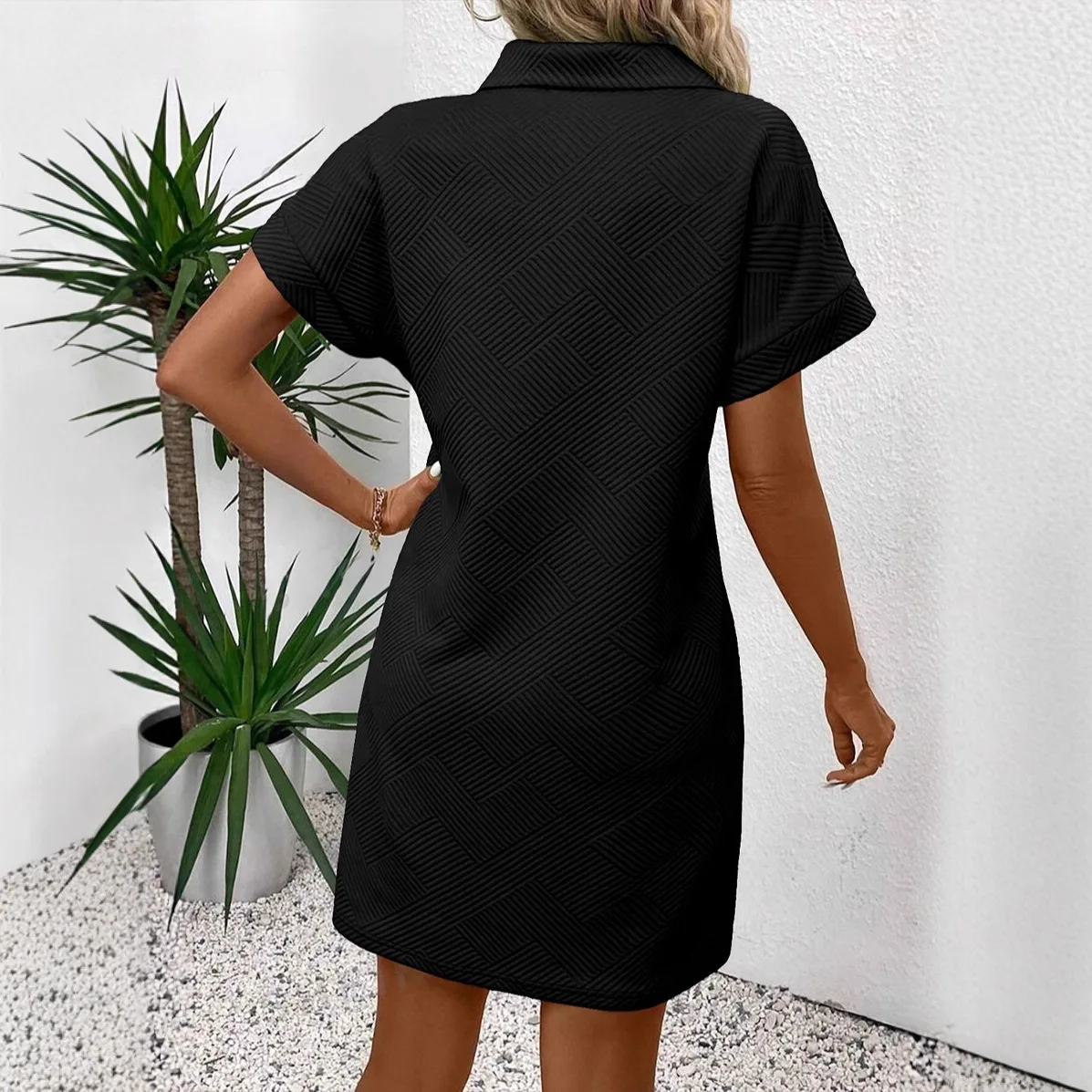 تنورة قصيرة كاجوال فضفاضة مع جيب بياقة مقلوبة وأكمام قصيرة فستان محبوك من ألياف البوليستر على شكل حرف A صورة ظلية مريحة.. #4