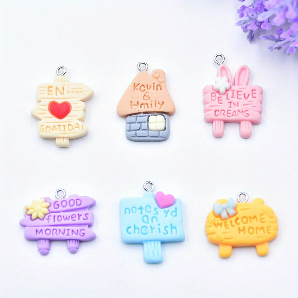 10pcs Cartoon Resin Simulated Letter House Love Road Sign Bowknot Signboard Luggage Bag Charms DIY Jewelry Accessories