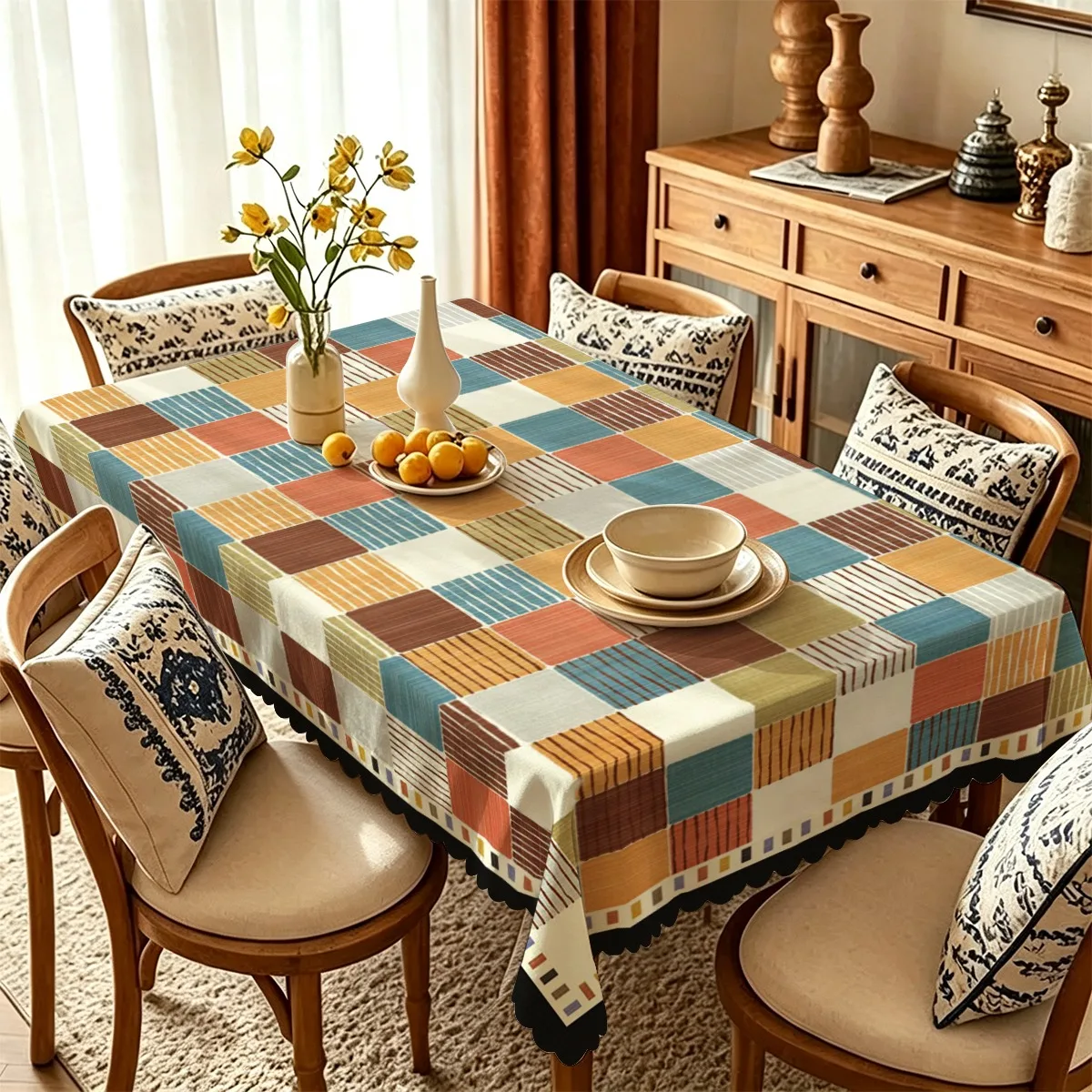 With a pattern composed of various earth tones, featuring colorful stripes and squares arranged in a staggered manner