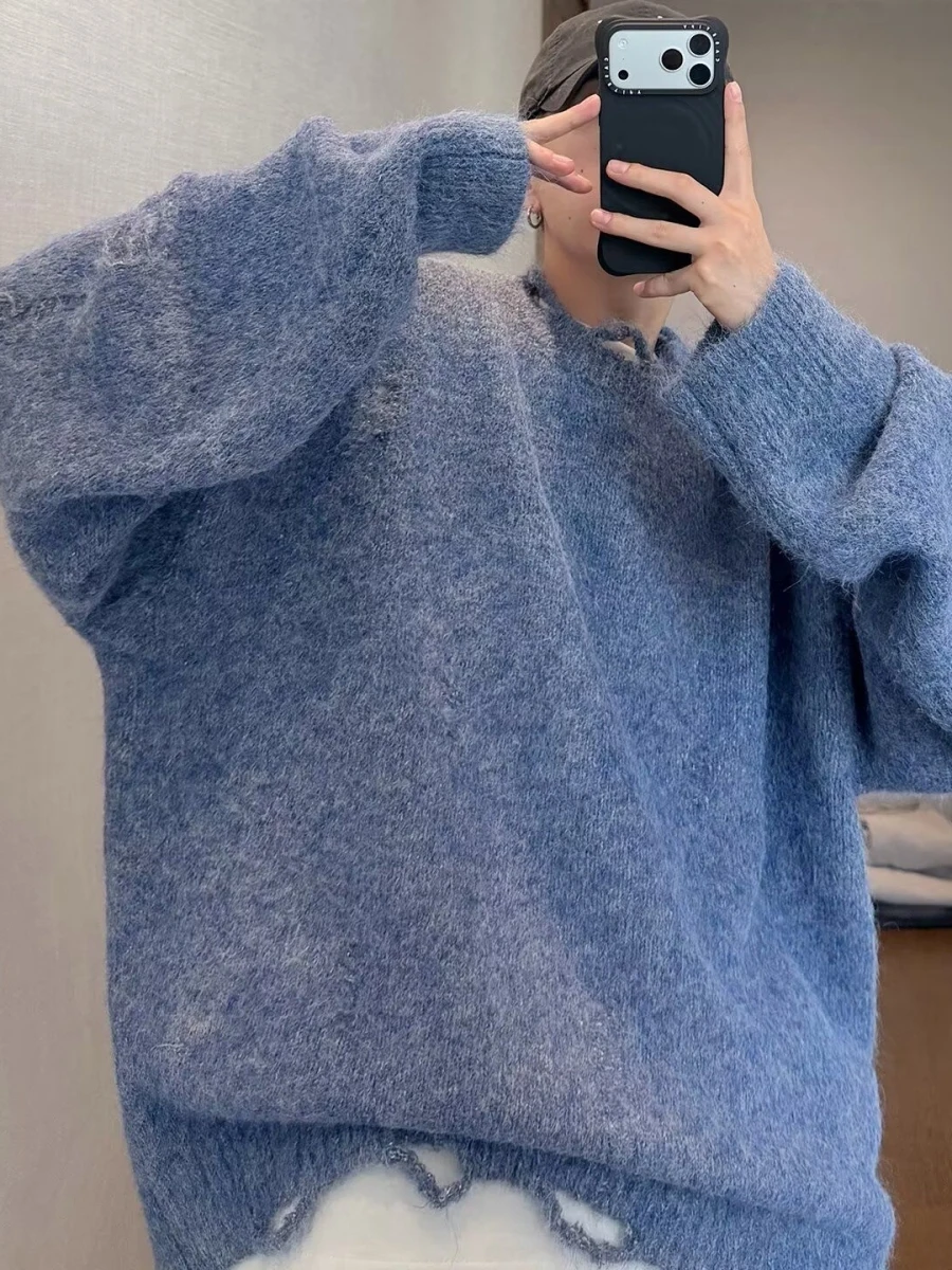 

Retro Blue Knitted Long Sve round Ne Sweater Men's Loose Fit Warm Autumn Winter Casual Faion Knitwear Vintage Sle