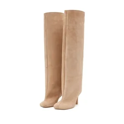 2024 Women's Suede Wide-Calf Knee-High Boots - Square Toe Stiletto Pull-On Riding Chic Casual Footwear