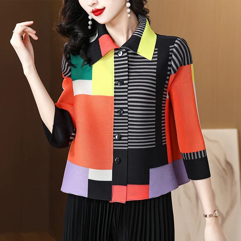 Miyake Pleated Color Block Geometric Print Shirt  Women 2023 Autumn Lapel Three-quarter Sleeves Office Ladies Elegant Loose Top