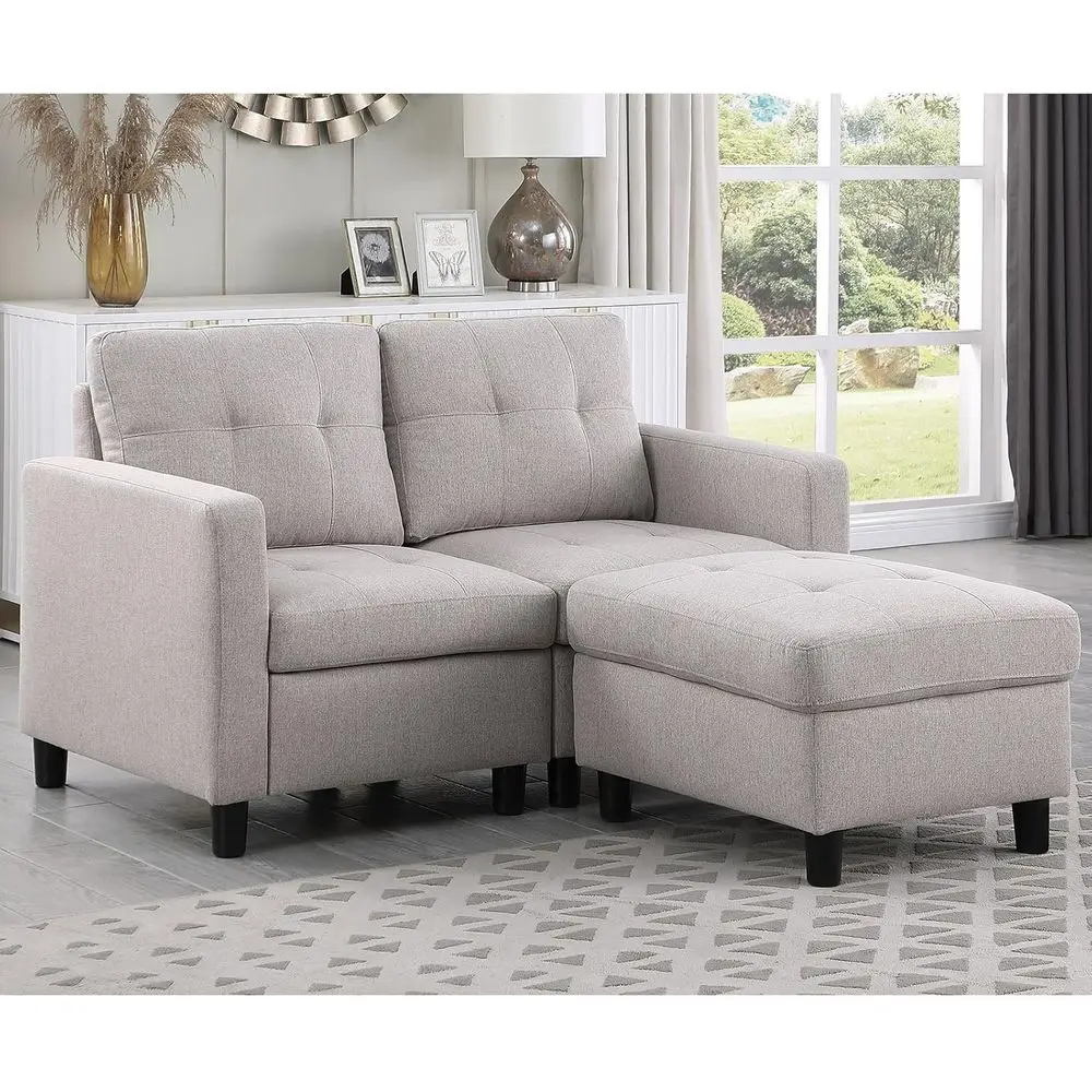 

55 Light Grey Fabric 2-Seat L-Shaped Sectional Sofa with Movable Ottoman for Small Spaces