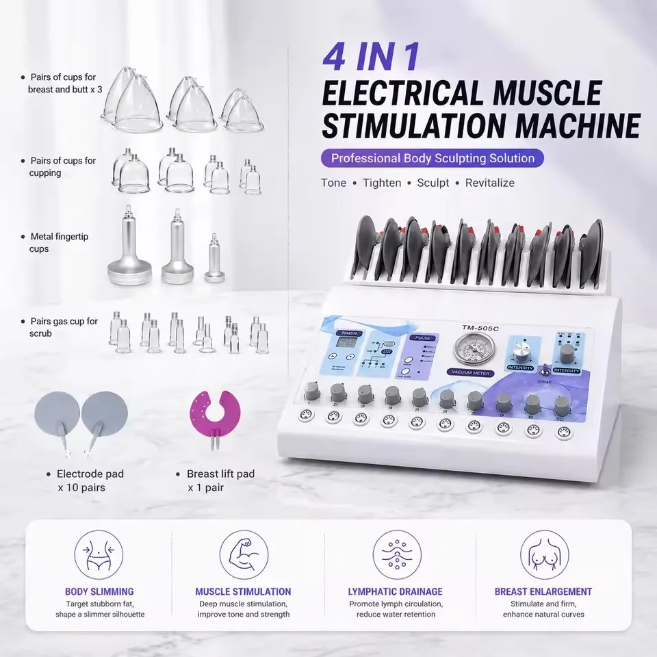 Portable EMS Machine with TENS Pads Vacuum Therapy for Muscle Recovery Pain Relief Body Contouring Breast and Butt Lift