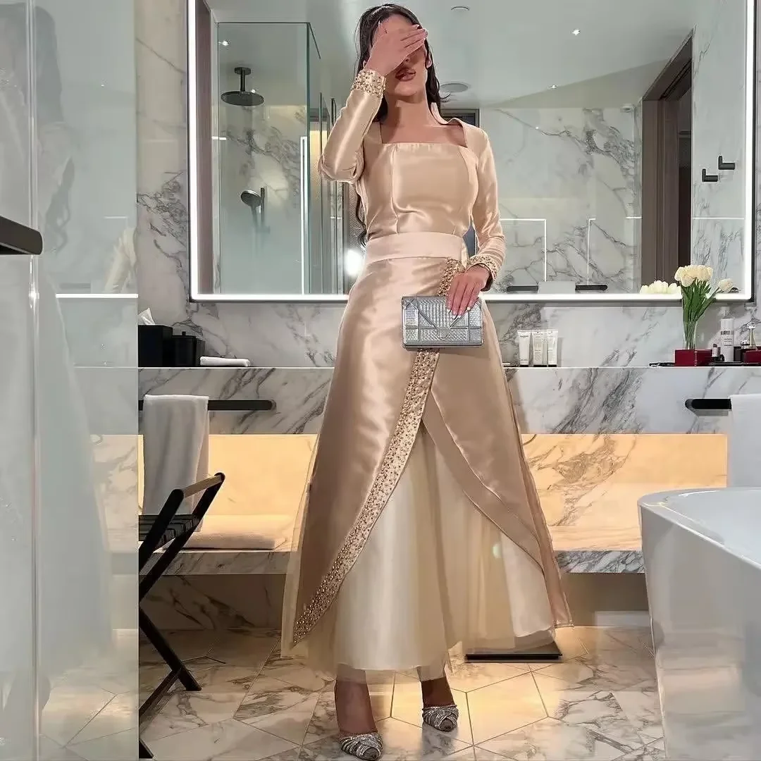 Vestido de baile de manga comprida personalizado, contas quadradas, vestido de noite da arábia saudita, comprimento do joelho, vestido formal de festa feminino 2024