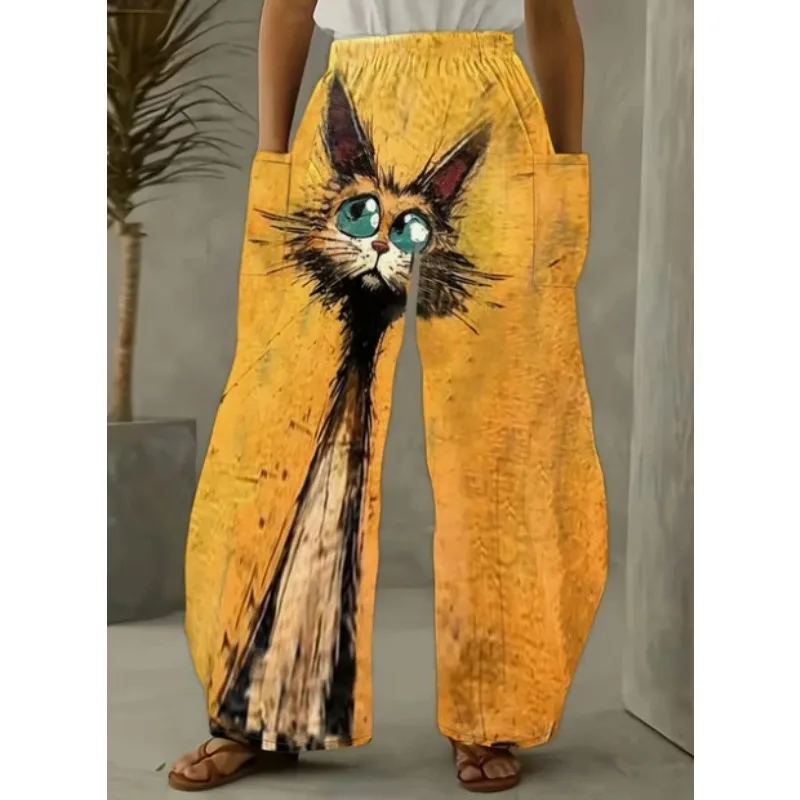 مانديلا القط نمط عارضة السراويل واسعة الساق خمر لطيف الحيوان الصيف السراويل مضحك لينة فضفاضة جيب كبير السراويل النسائية الكلاسيكية