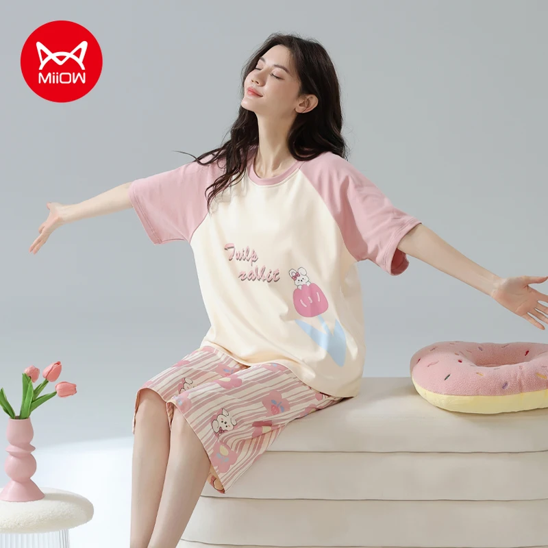 

MiiOW 2Pcs Cotton Women's Pajamas Set Short Sleeve Sleepwear Ladies Summer Homewear Breathable Cartoon Print Girl Cute Nightwear