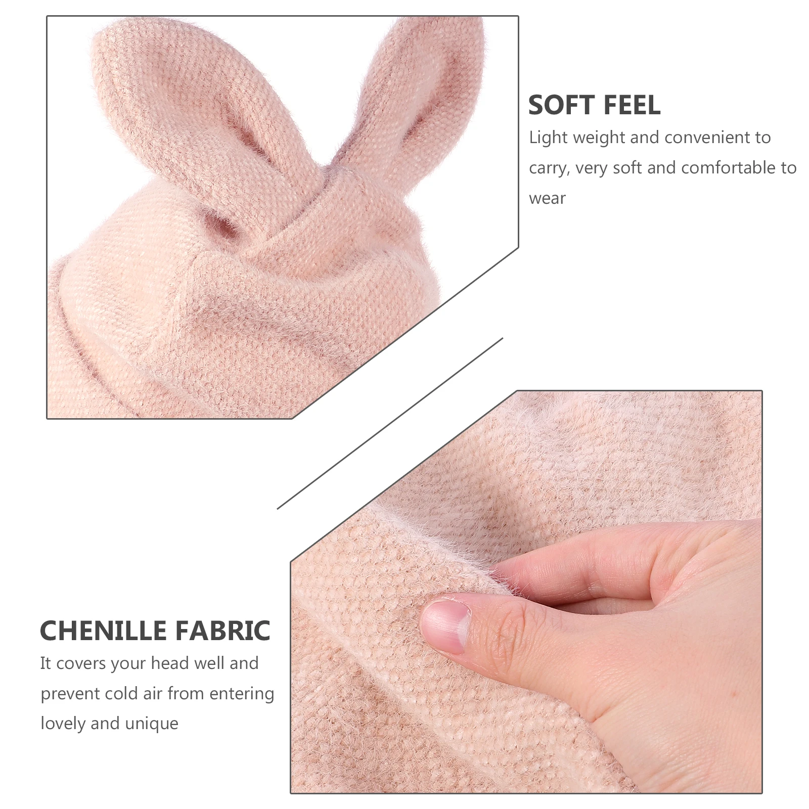 

Rabbit Ears Hat Chenille Fabric Warm Women Woolen Knitted 56-58cm Pink Cute Ear Design Stylish Accessories