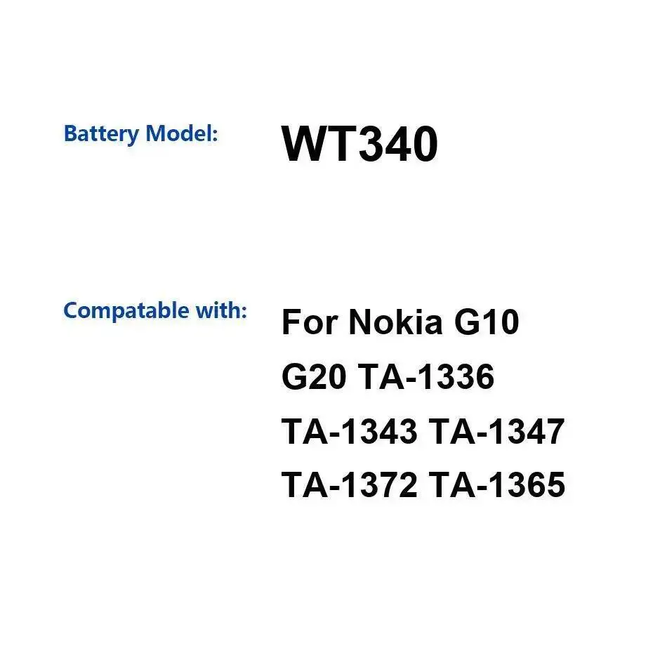 

Аккумулятор мобильного телефона WT340 5050 мАч для Nokia G10 G20 TA-1336 TA-1343 TA-1347 TA-1372 TA-1365