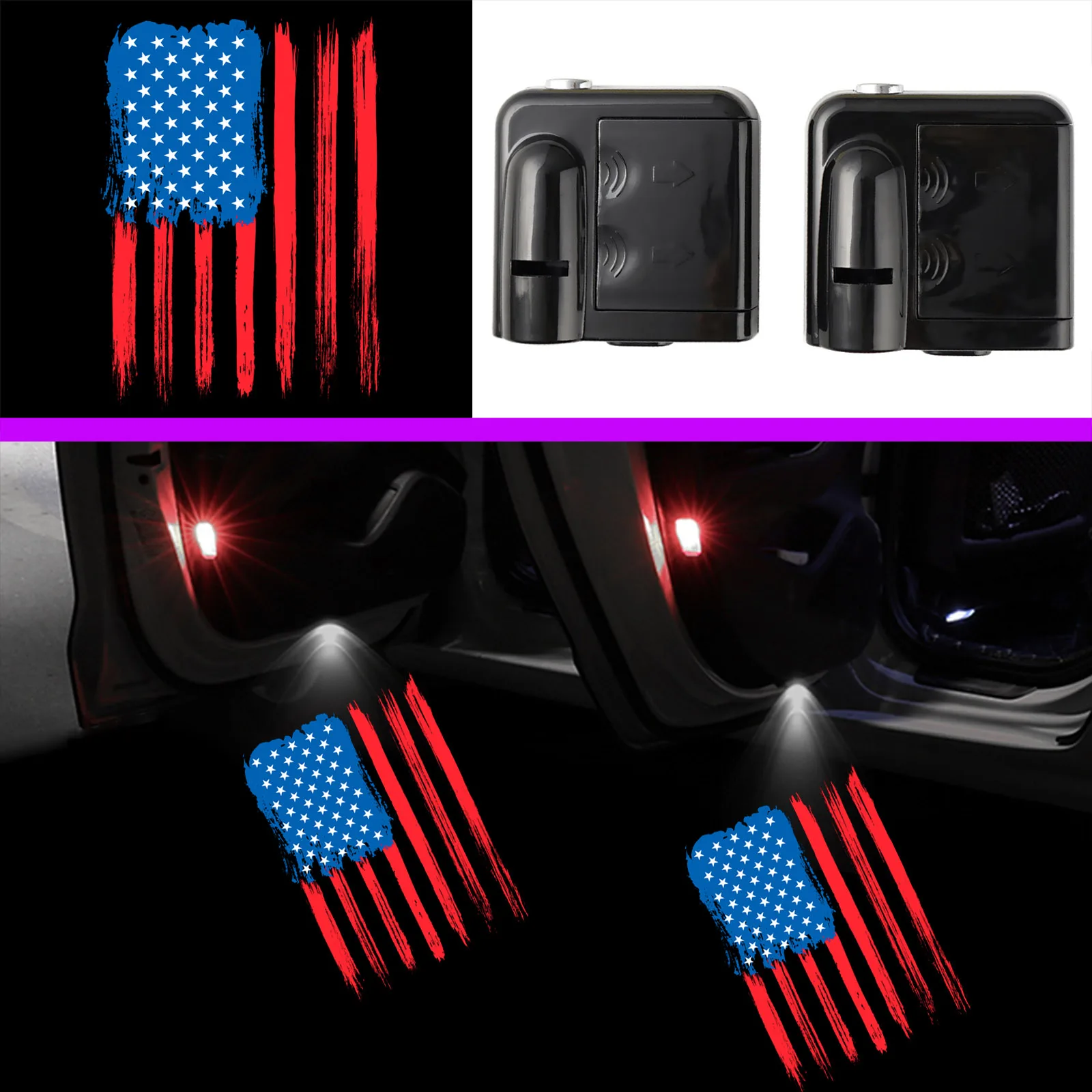 2x United States Stars and Stripes Flag Car Door Logo Lights Wireless Courtesy Infrared Sensor LED Light Ghost Shadow Projector