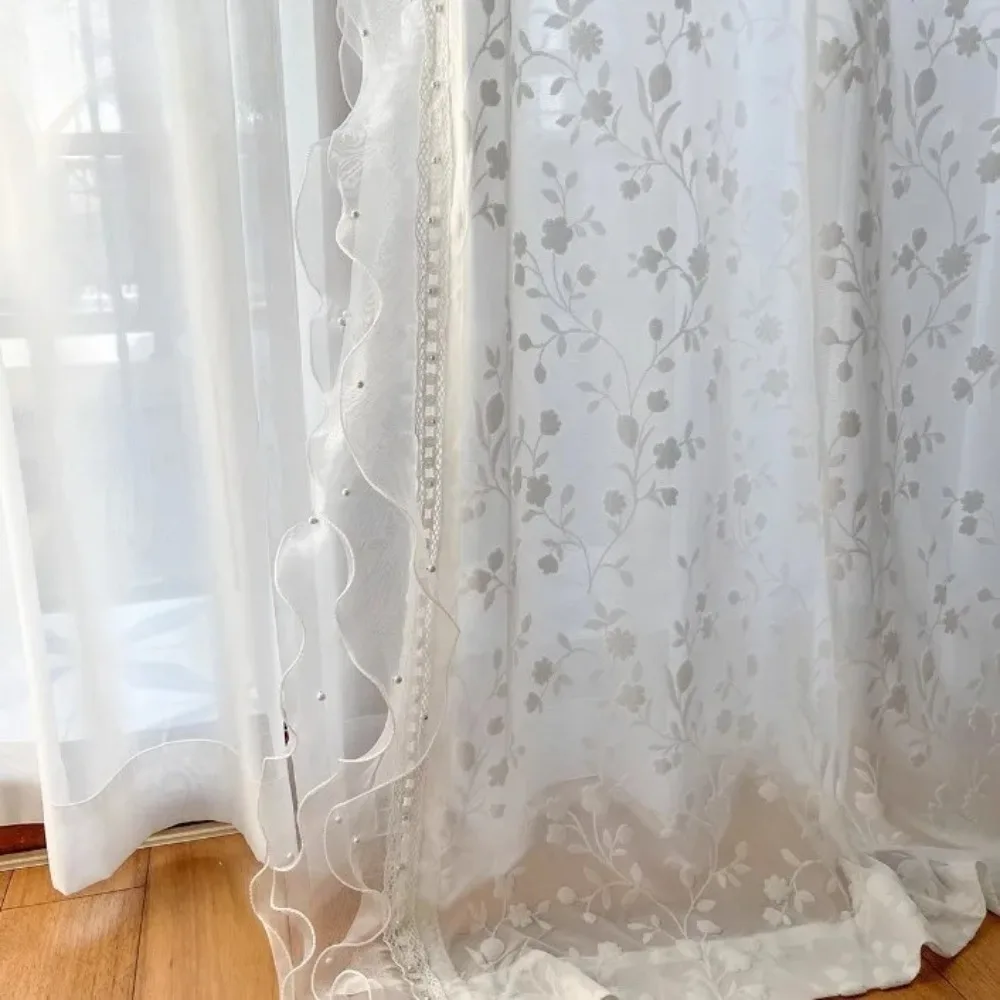 Relief Three-dimensional Jacquard White Window Screen Lace Pearl Lace Curtains for Living Room Bedroom French Window Balcony