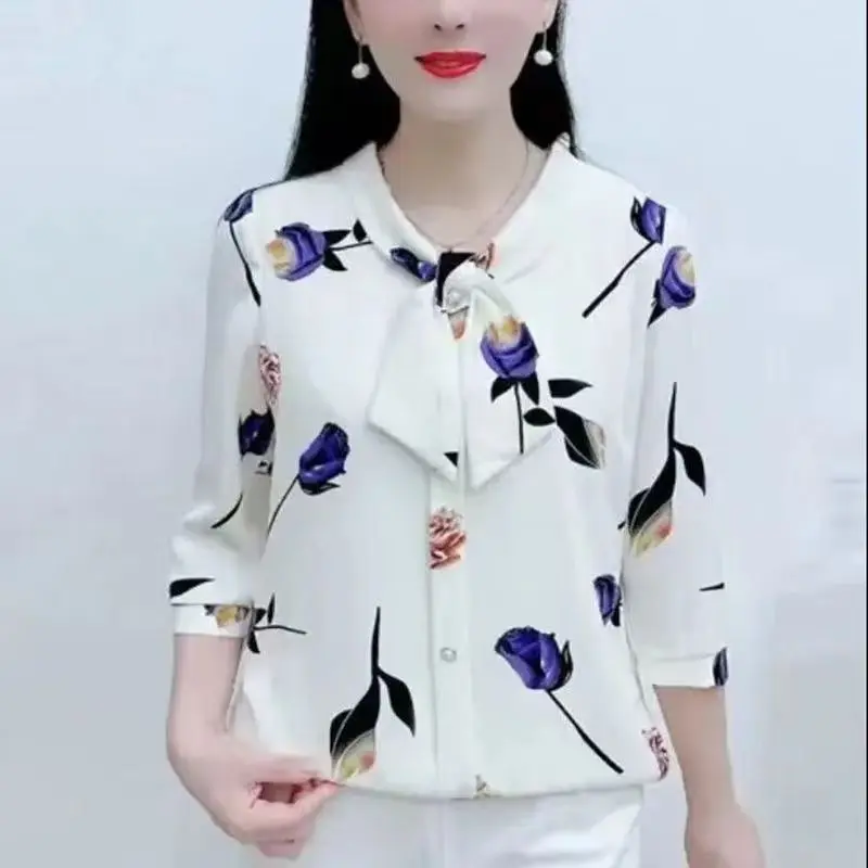 Autumn Elegant Fashion Commuter Office Lady Shirt Women Print Chic Round Collar Loose Casual Bow Button Three Quarter Sleeve Top