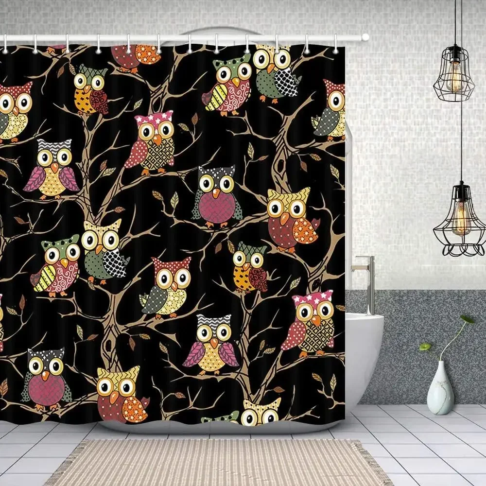 3D Funny Hippie Owls Shower Curtains Set, Colorful Cartoon Animals Family on Branch Polyester Fabric Bath Curtain Bathroom Decor