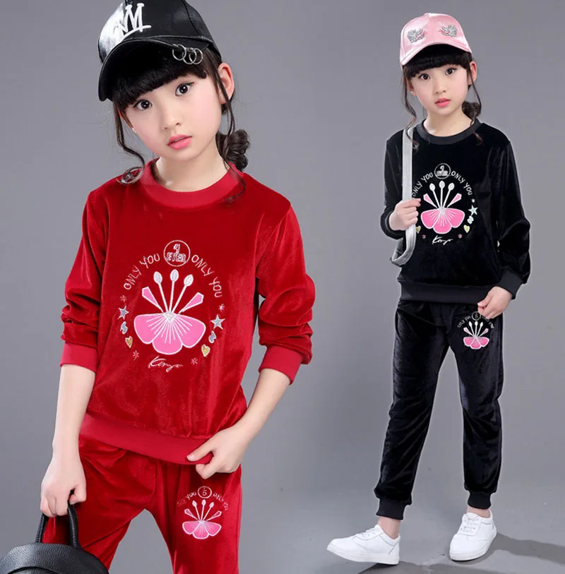 

2017 New Girls Sports Suit Fashion Autumn Clothing Set Pleuche Long Sleeve Outfit for Children 4~12 Years Old