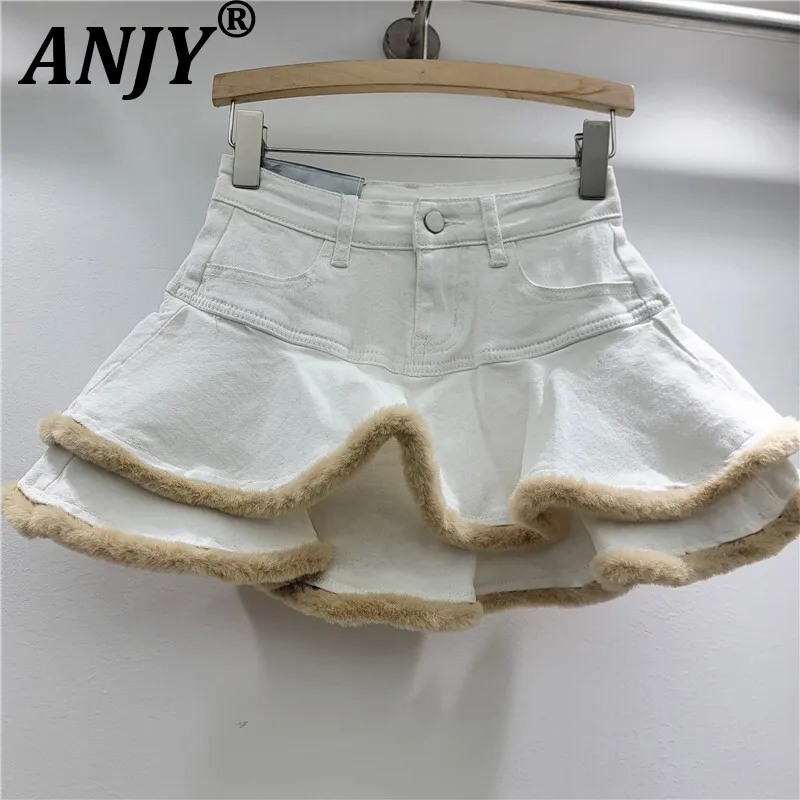 

ANJY Early Autumn New Women American Cake Pleated Denim Skirt Streetwear Chic Ins Patchwork Fluffy Short Ball Gown Skirts A11601