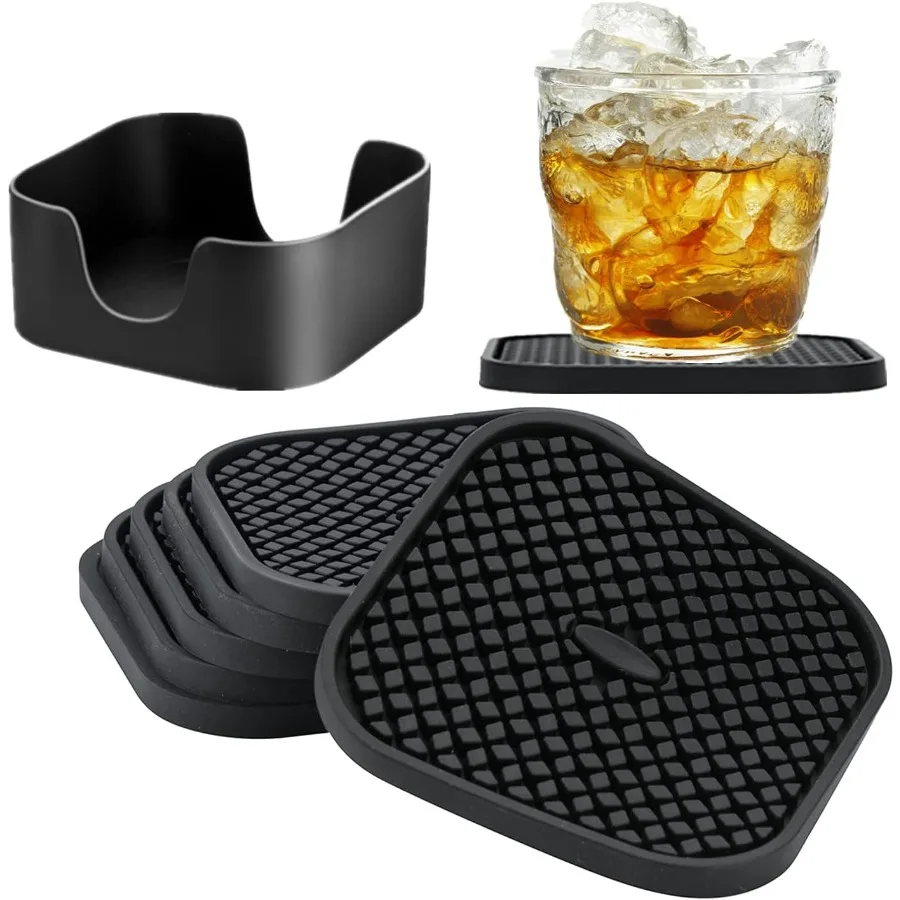 

Силиконовые подставки Набор из 6 подставок для напитков с держателем Нескользящий коврик для чашек Глубокий поднос Впитывающая подставка Жаростойкая столешница Pr