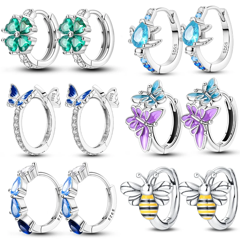 Fashion Spring Earrings For Women 925 Silver Colorful Butterfly Honeybee Ladybird Double Hoop Earrings Fine Party Jewelry Gifts