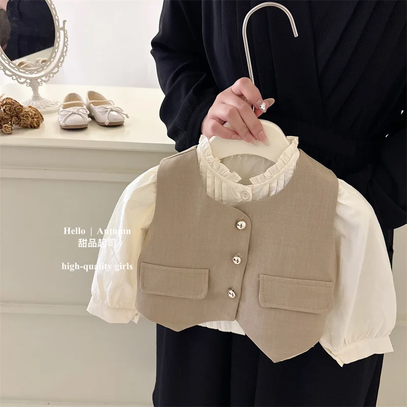 Children Girls Spring Autumn 3PCS Clothes Set Korean Long Sleeve Blouses Vest Pleated Skirts Suit Toddler Baby Girls Outfits