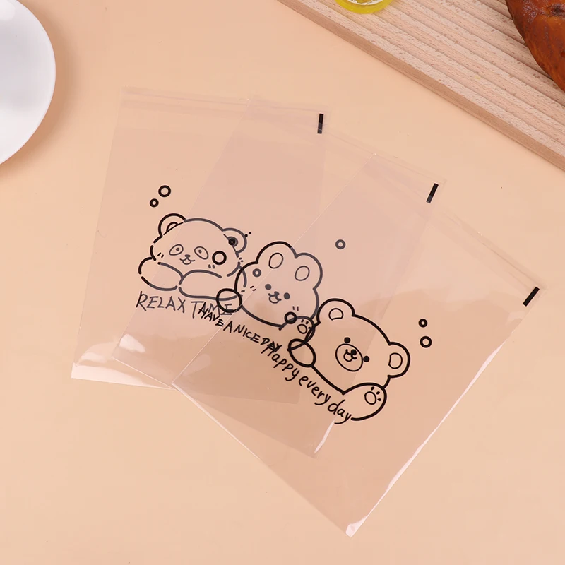 100Pcs Cute Bear Pattern Transparent Self-Sealing Bread Gift Wrap Bag Happy Everyday Blessing Printed Bags For Biscuits Cakeries