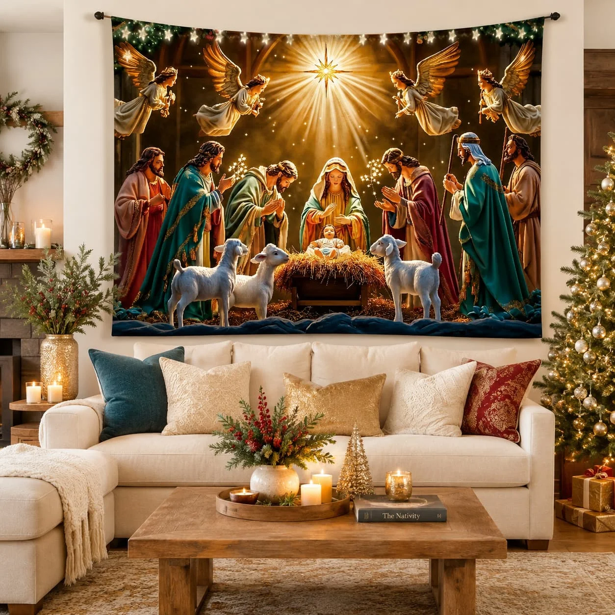 2D Flat, 1pc Large Nativity Scene Tapestry - Birth Wall Hanging with Mary,, & Wise, Vinyl Religious Wall Decor for Christmas, Easy Peel & Stick Installation Kit Included, /Outdoor Xmas Party Decoration, 2D Flat