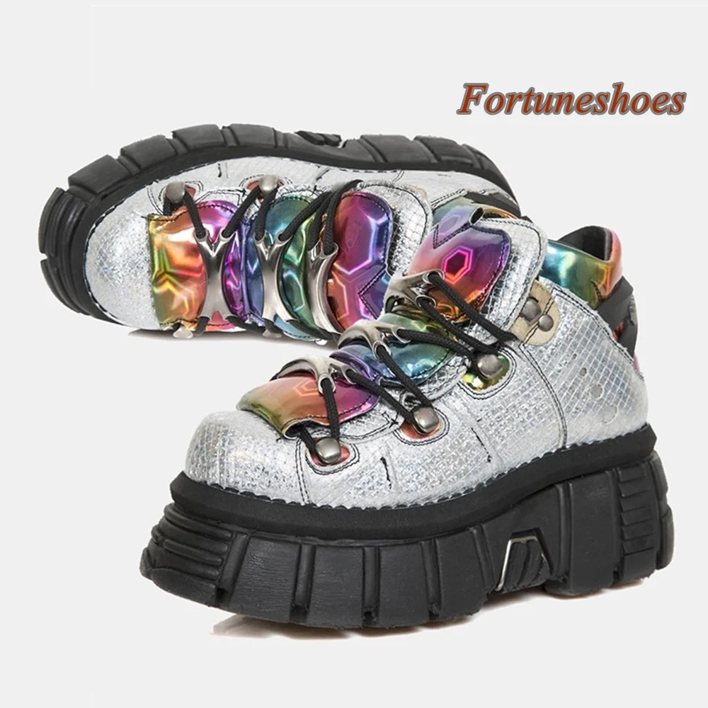 Cross Tied Rivet Women Shoes Patchwork Metal Decoration Mixed Color Height Increasing Shoes Round Toe Autumn 2024 Newest Shoes