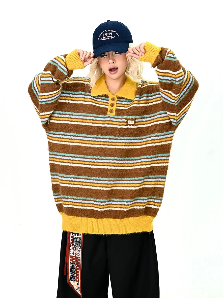 

Lazy Stripe Ne Sweater Women's Loose Fit Winter New Sle American Sle Knitted Top Street Sle Acrylic Blend Long S...