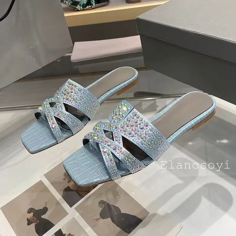 لامعة حجر الراين نعال مسطحة المرأة ساحة تو قدس الصنادل كسول الصيف شباشب على الموضة في الهواء الطلق عطلة أحذية الشاطئ #5