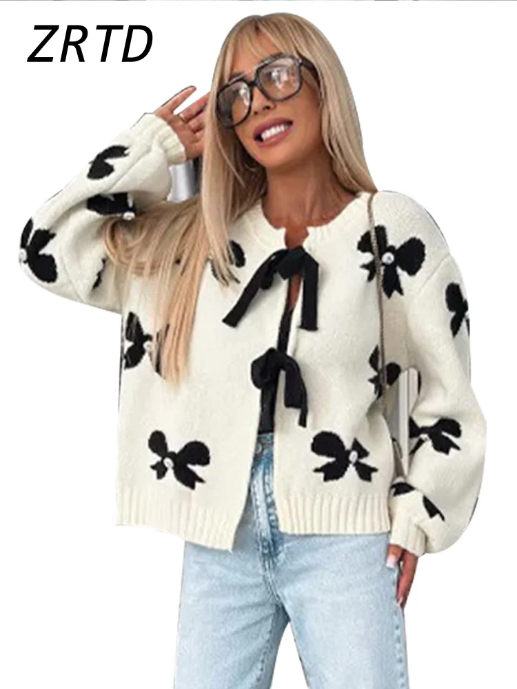 Casual Knitted Print Lace Up Cardigans Women Loose Hollow Out O-neck Long Sleeve Sweaters 2024 Autumn Lady All-match Knitwear