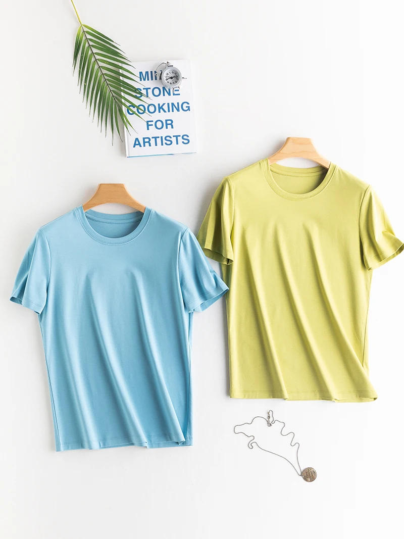 

BellaSilk Women'S Solid T-Shirt Silk Cotton Blend O Neck Short Sleeve Tees 2025 Summer Basic Casual Tops