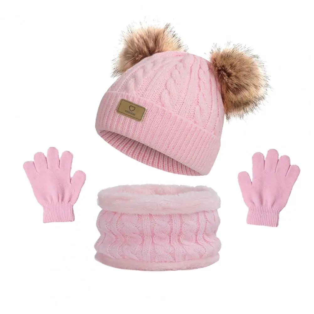 الأطفال قبعة تدفئة وشاح قفازات صوف مبطن الشتاء اكسسوارات الاطفال الشتاء قبعة وشاح قفازات مجموعة مع أفخم بوم بومس الدافئة محبوك