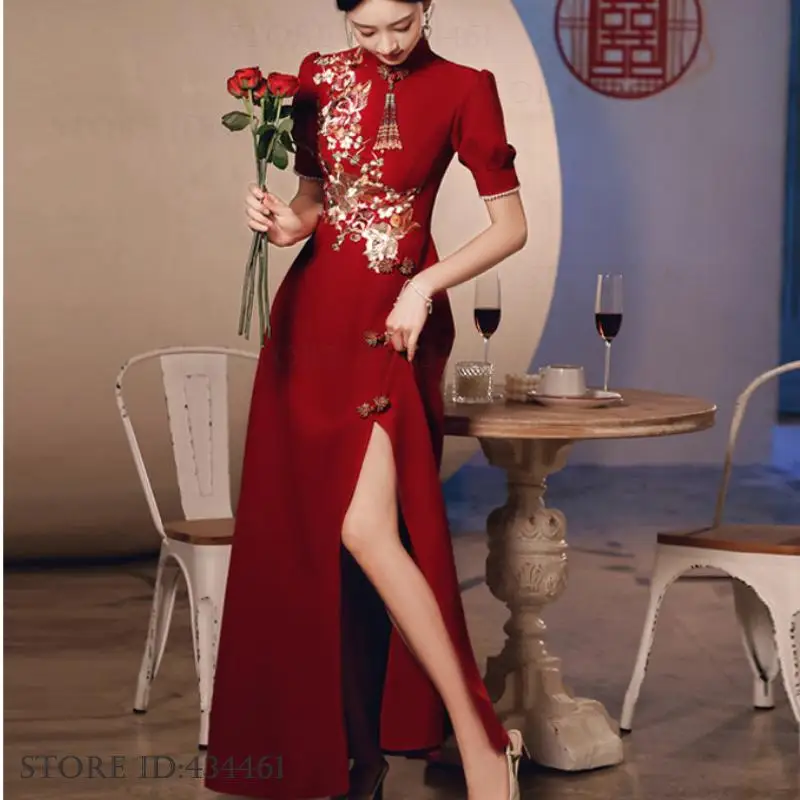Chinese Style Female Long Cheongsam Dress Evening Party Dress Vintgae Elegant Long Prom Dress Applique Embroidery Wedding Dress