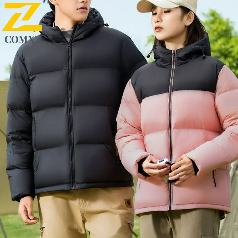 

Men Down Jacket Lightweight Outdoor Adventure Waterproof Durable Padded Jackets Splicing Hood Camping Cold Resistant Winter Coat