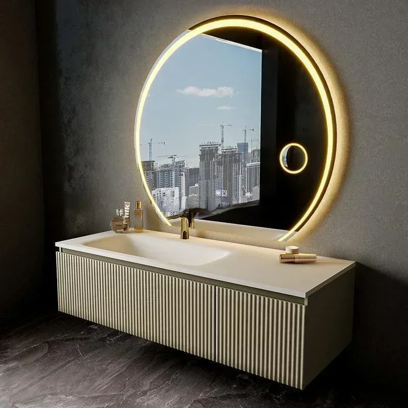 Oak Bathroom Cabinet Light Luxury LED  Vanity   Mirror Slate Integrated Washbasin Sink  Furniture New