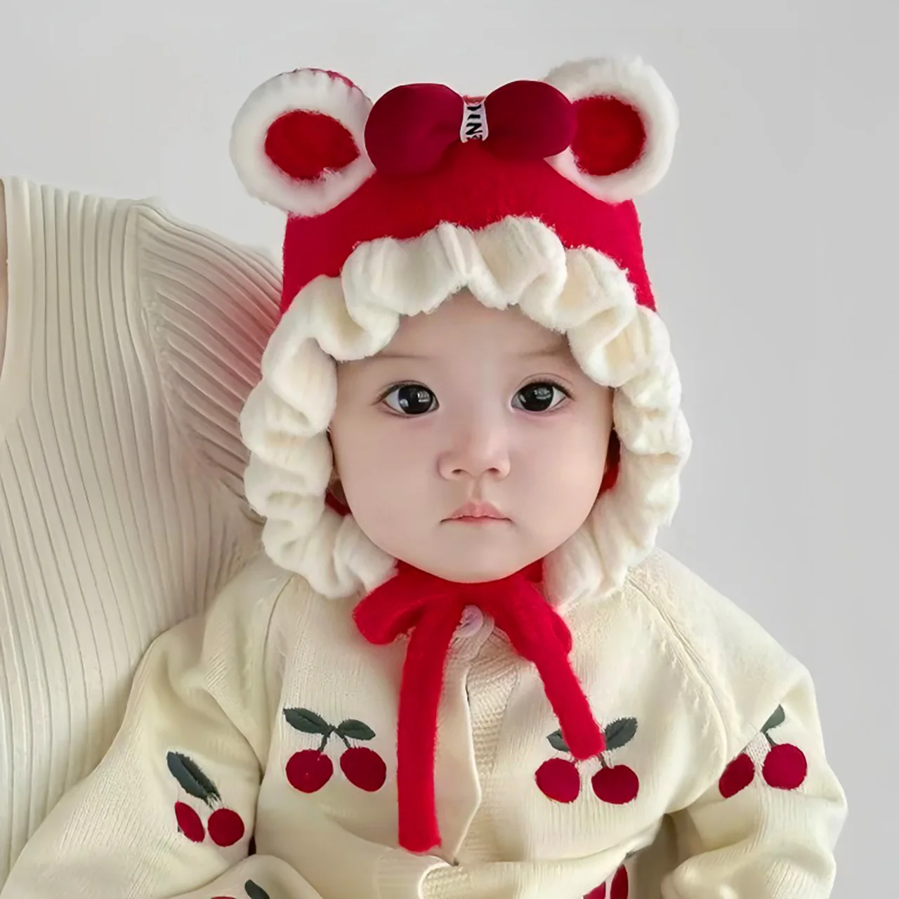 

Cute Sweet Baby Hat Winter Warm Soft Knitted Ruffle Brim Windproof Thicken Ear Protection Lacing Cap Infant Newborn Beanies