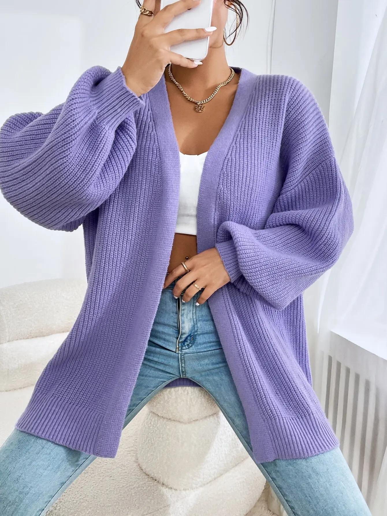Women's Spring Fashionable Drop Shoulder Ribbed Knit Duster Cardigan,Long Sleeve Tops In Fall/Winter