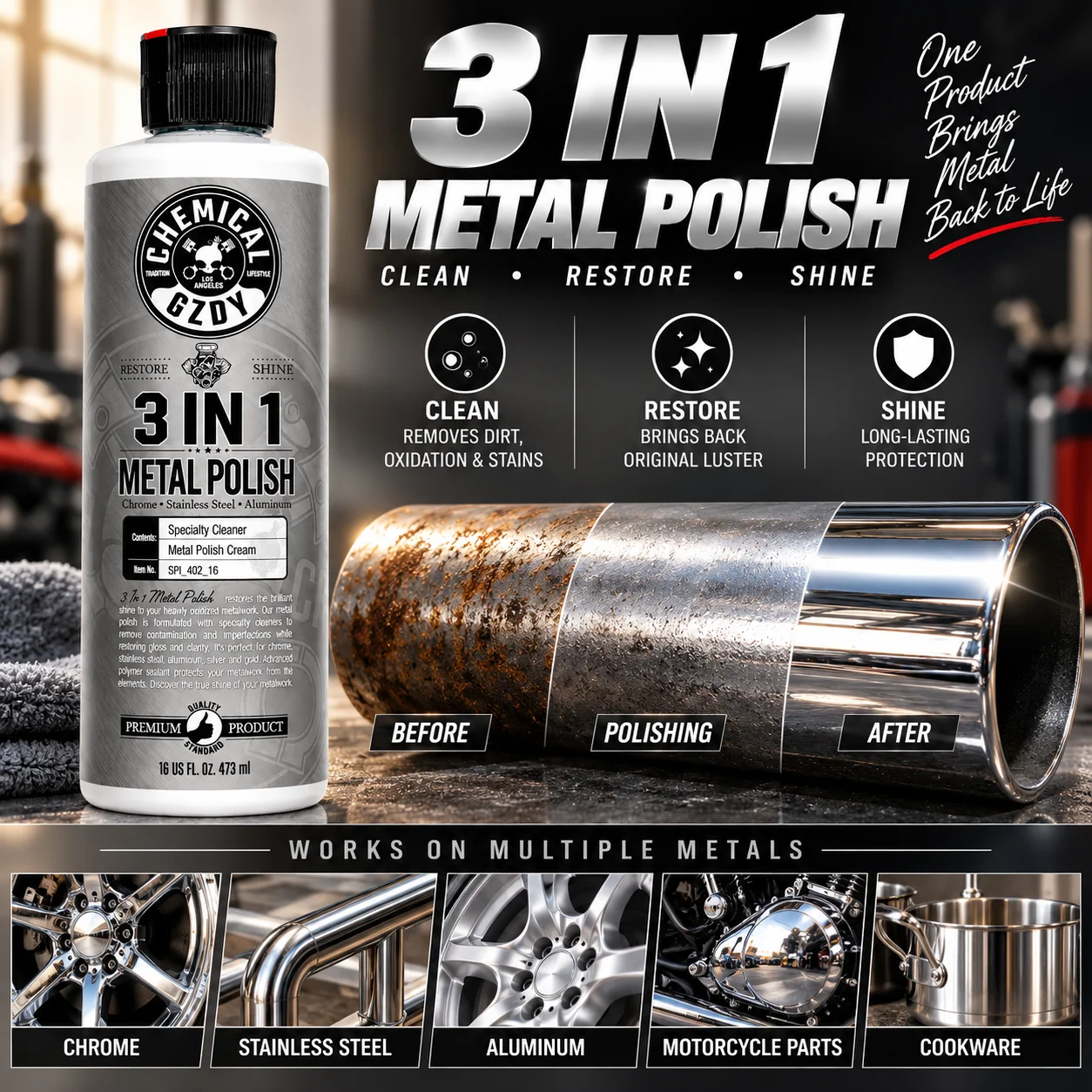 3-in-1 Metal Polish Cream – Oxidation Remover & Shine Restorer for Chrome, Stainless Steel, Aluminum, Brass & Copper