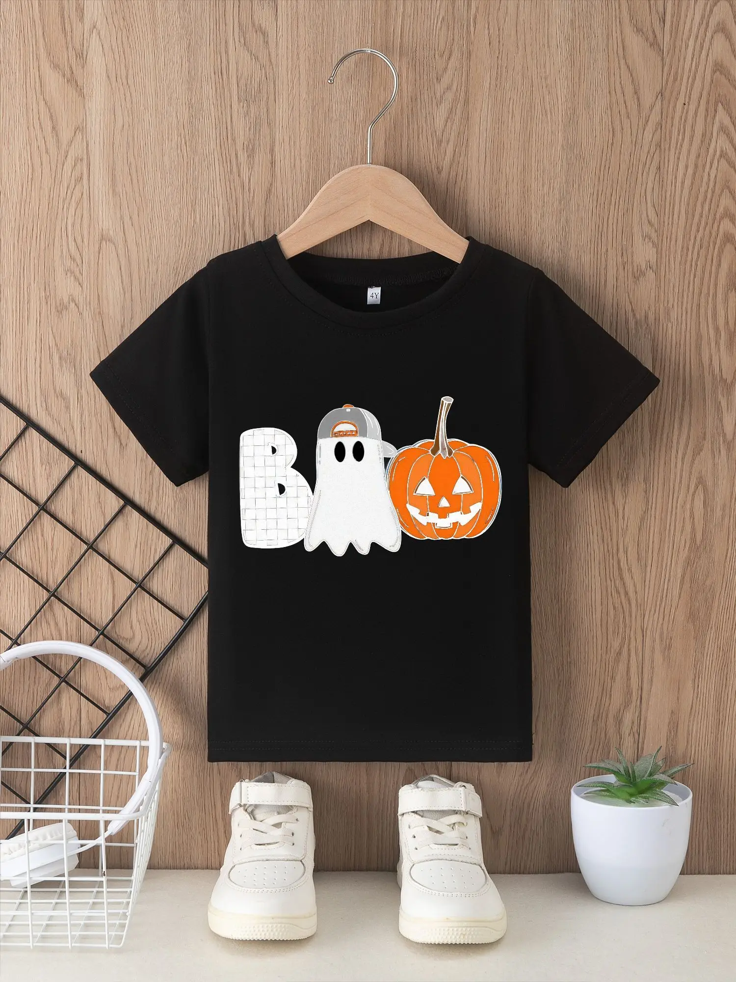 Halloween Costumes, Kids T-shirt Boys Summer Short Sleeve Tee Cute Boo Print Ghost With Baseball Cap And Pumpkin Graphic Soft Breathable Crew Neck Casual Graphic Top For Halloween Party Gift